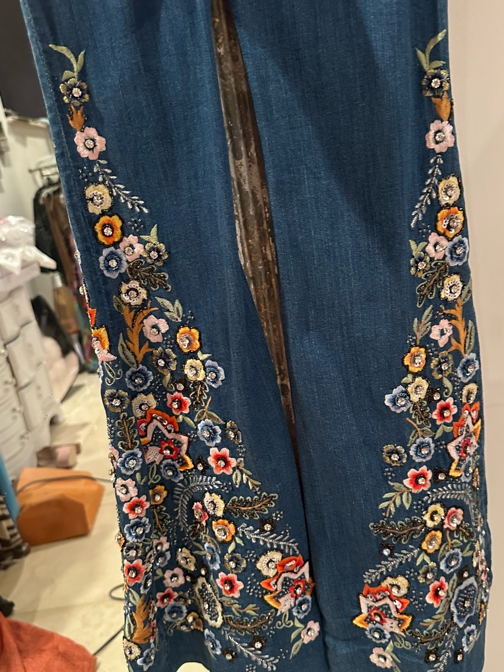 Alice + Olivia Blue Flare Jeans with Multicolor Floral Crystal bead Embroidery - Picture 8 of 12